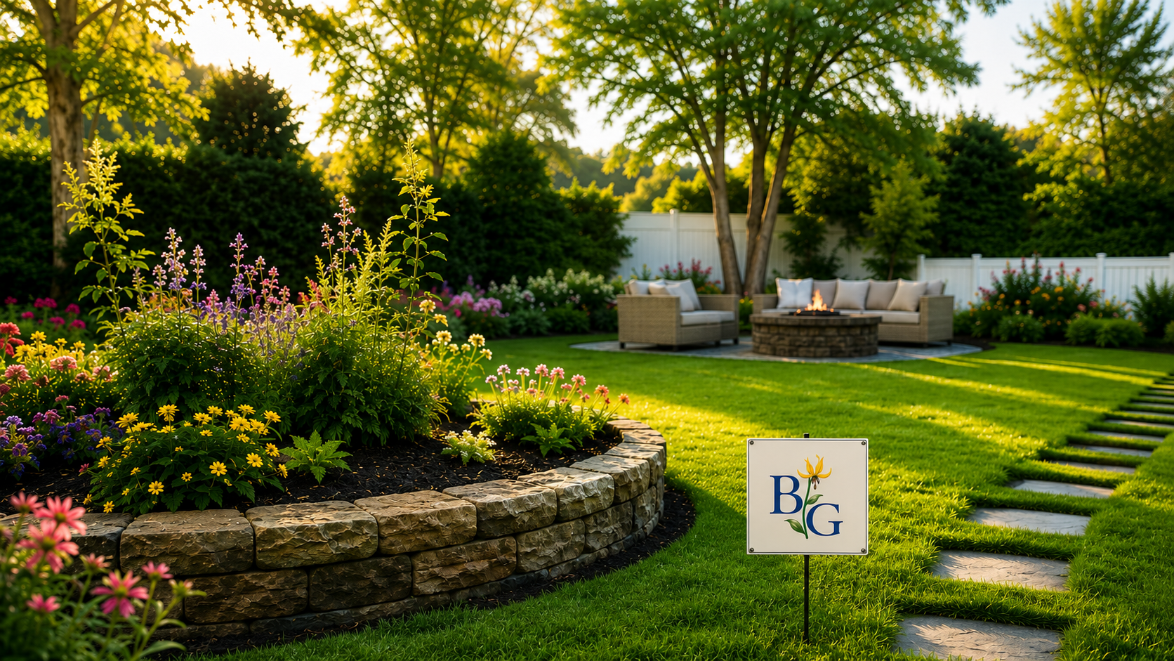 Lush Pacific Northwest garden with manicured lawn and mature trees
